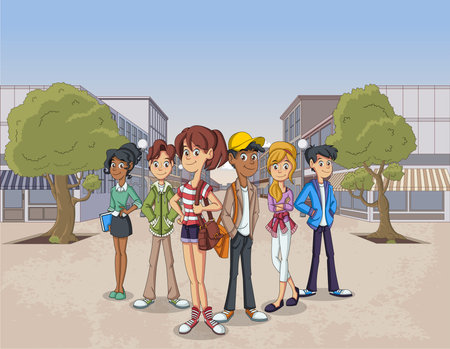 Street of a city with cartoon young people. Teenagers students.のイラスト素材