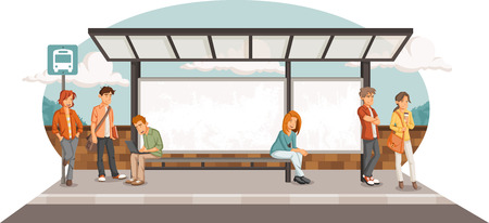 Passengers at bus stop. Cartoon people waiting for bus.のイラスト素材