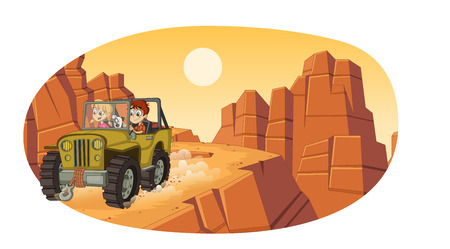 Cartoon children driving a car on the canyons. Off road adventure.のイラスト素材