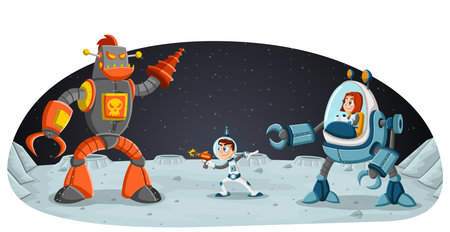 Astronaut cartoon children fighting a robot on the moon .Space background.のイラスト素材