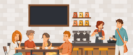 People sitting in a coffee shop. Cafe with friends on tables.のイラスト素材