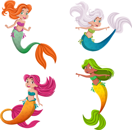 Cartoon mermaid princess with colorful hair. Mermaid children swimming.のイラスト素材