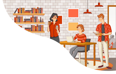 Business people working with computer. Office workspace with desks.のイラスト素材