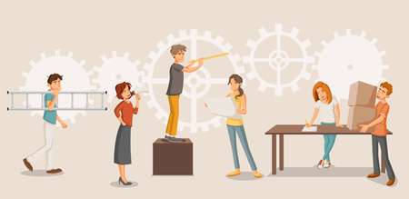Group of people working on gear wheel. Cogwheel.のイラスト素材