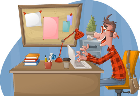 Cartoon man working with computer. Office workspace with desks.のイラスト素材