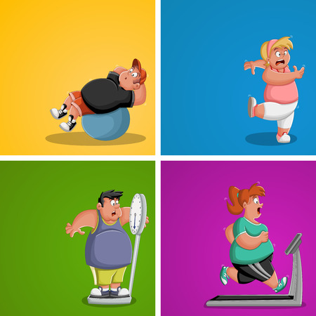 Cartoon over weight athletes training. Fat people working out.のイラスト素材