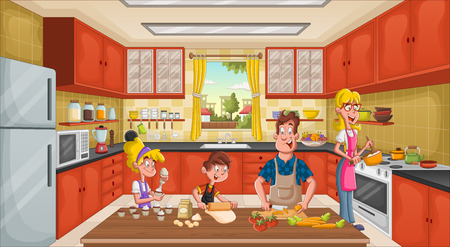 Family wearing apron and cooking. Chef in the kitchen.のイラスト素材