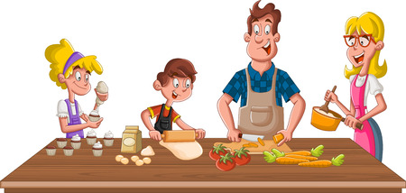 Family wearing apron and cooking. Chef in the kitchen.のイラスト素材