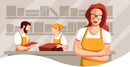 Working people wearing apron. Workers holding clipboard and box.のイラスト素材