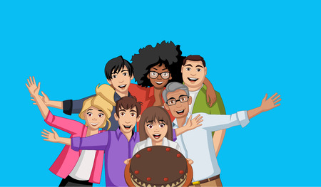 Group of friends at a birthday party with cake.のイラスト素材