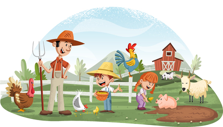 Cartoon people and animals on the farm.のイラスト素材