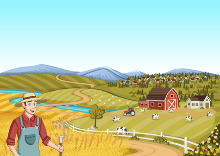 Cartoon farmer in front of colorful farm with barn, crops and cows.のイラスト素材