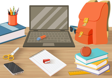 Student table with books and other objects.のイラスト素材