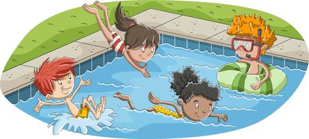 Cute happy cartoon children jumping into a swimming pool.のイラスト素材