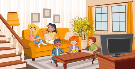 Group of cartoon young people on sofa. Teenager friends.のイラスト素材