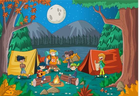 Cartoon teenagers around a campfire at night. Camping with kids and tent.のイラスト素材