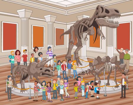 Group of people watching dinosaur skeletons at Archeology Museum.のイラスト素材