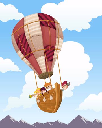 Cartoon kids inside wooden boat on a hot air balloon flying on the skyのイラスト素材