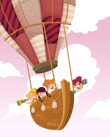 Cartoon kids inside wooden boat on a hot air balloon flying on the skyのイラスト素材