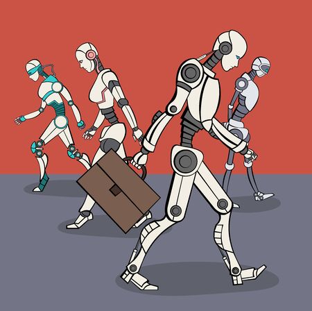 Group of modern robots walking. Cyborgs with artificial intelligence technology.のイラスト素材