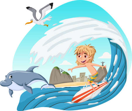 Cartoon boy surfing a big wave. Teenager riding a surfboard on a wave on Rio de Janeiro, Brazil.のイラスト素材