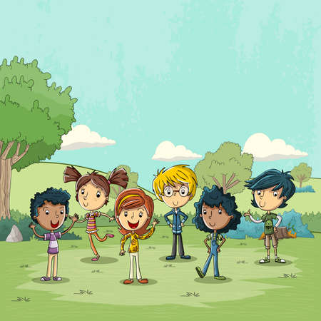 Green park landscape with cute cartoon Children.のイラスト素材