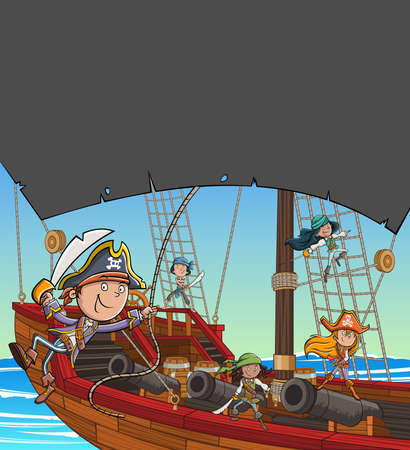 Cartoon pirates on a ship at the seaのイラスト素材
