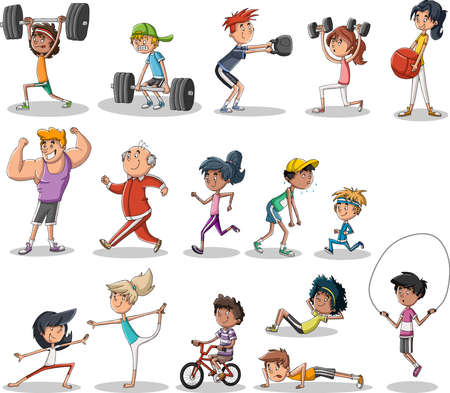 Cartoon athletes training crossfit. People working out.のイラスト素材