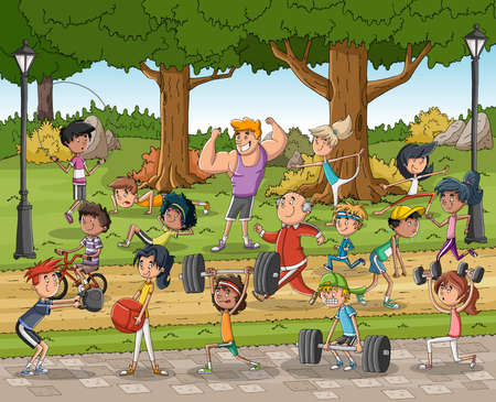 Cartoon athletes training in the park. People working out outdoors.のイラスト素材