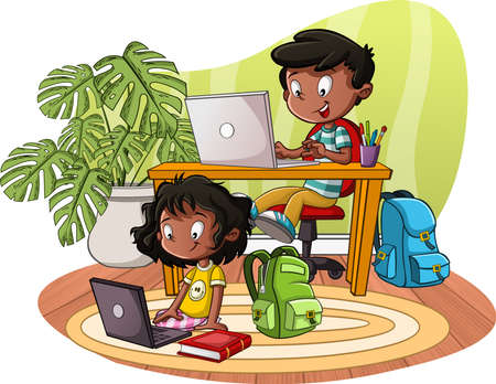 Cute cartoon children studying with computers. Teenager students.のイラスト素材