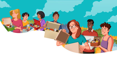 Group of cartoon people holding boxes with products. People with shop boxes.