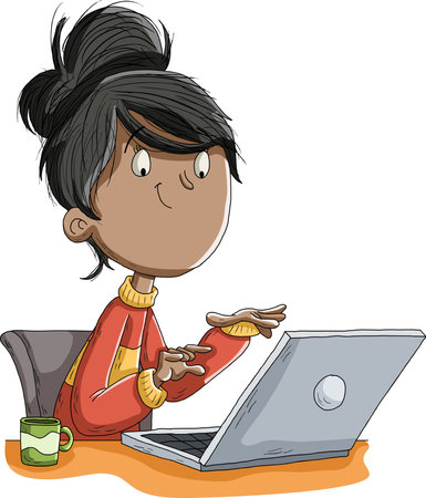 Cartoon girl working with computer. Using laptop.のイラスト素材