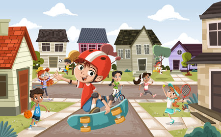 Cartoon kids playing various sports in suburb neighborhood. Children playing.のイラスト素材