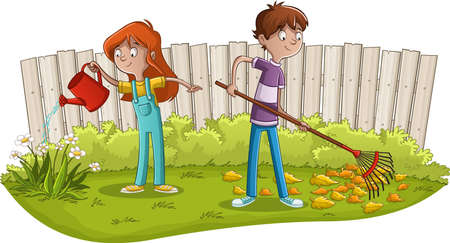 Boys and girl gardening. Kids working in the garden.のイラスト素材