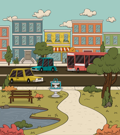 Cartoon city landscape with a green park.のイラスト素材