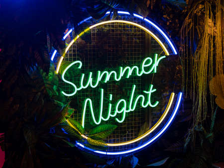 Green neon sign on a contrasting black background. And green leaves of plantsの写真素材