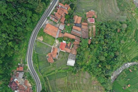 Sprawling green rice fields and villages east of the city of Bandung, West Java. Indonesia. This is...