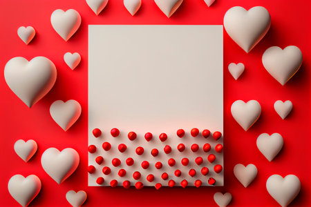 3D sheet of paper for Valentine's Day. Background with textured hearts around. The concept of love. Notepad on a bright red background. Layout for text. Top view, flat layoutの写真素材