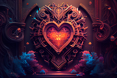 Abstract background with a heart in the middle of the illustration. valentine's day. The concept of love. Entropy and Mandelbrot fractals. A dark paradise. Conceptual changes.の写真素材