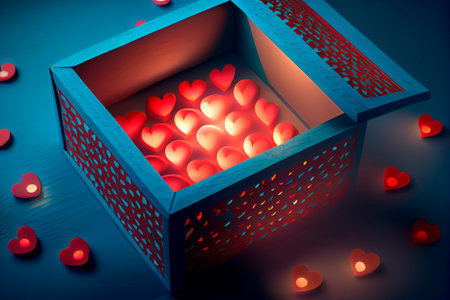Illustration of a bright and rich box with hearts inside for Valentine's Day on February 14. The concept of love. Textured red hearts. Pastel blue background. Top viewの写真素材
