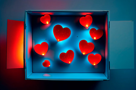 Illustration of a bright and rich box with hearts inside for Valentine's Day on February 14. The concept of love. Textured red hearts. Pastel blue background. Top viewの写真素材