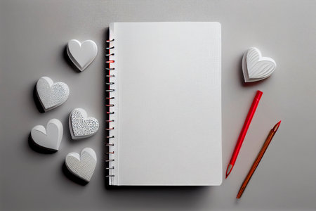 3D notebook for Valentine's Day. Notepad background with textured hearts. The concept of love. A spring-loaded notebook with checkered sheets on a white backgroundの写真素材