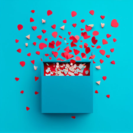 Illustration of a bright and rich box with sparkling red and white hearts inside and outside for...