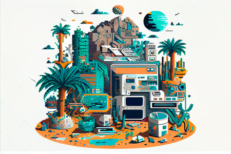 Illustration of a city with a lot of electronic devices and palm trees. Painting of urban architecture, abstract digital high-tech city design, modern concept of high technologyの写真素材