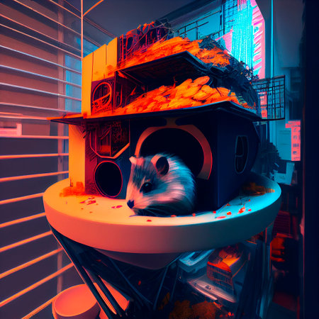 Funny hamster eating food in the cafe. 3d rendering. Drawing of a street hamster in Tokyo, cyberpunk...