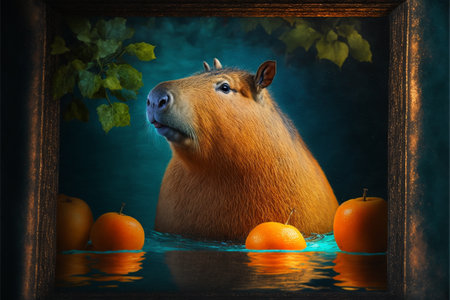 Cute Capybara with tangerines and leaves in water. Animal swims with orangesの写真素材