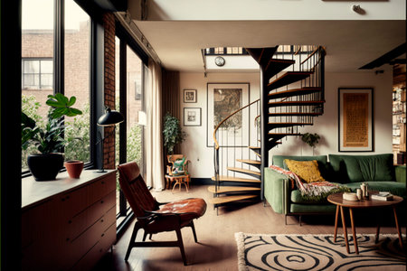 Interior of a living room with a green sofa and an armchair. Photo of a loft-style apartment,...