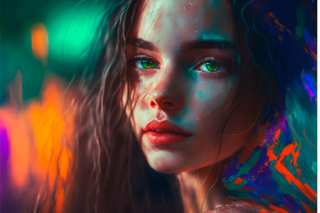 Portrait of a beautiful girl with bright make-up and smeared with multicolored paint. The girl in neon shades from dreamsの写真素材