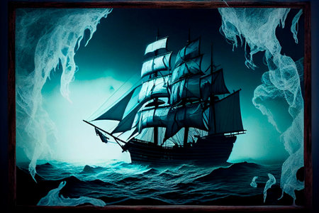White sail. Realistic silhouette of a pirate ship. Sailing ship in the sea at night with fog....