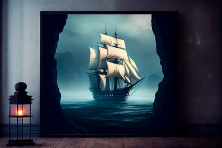 A painting on the wall of a white sail. Realistic silhouette of a pirate ship. Sailing ship at sea...